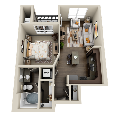 Floor plan for 1 bed, 1 bath, 590 sqft